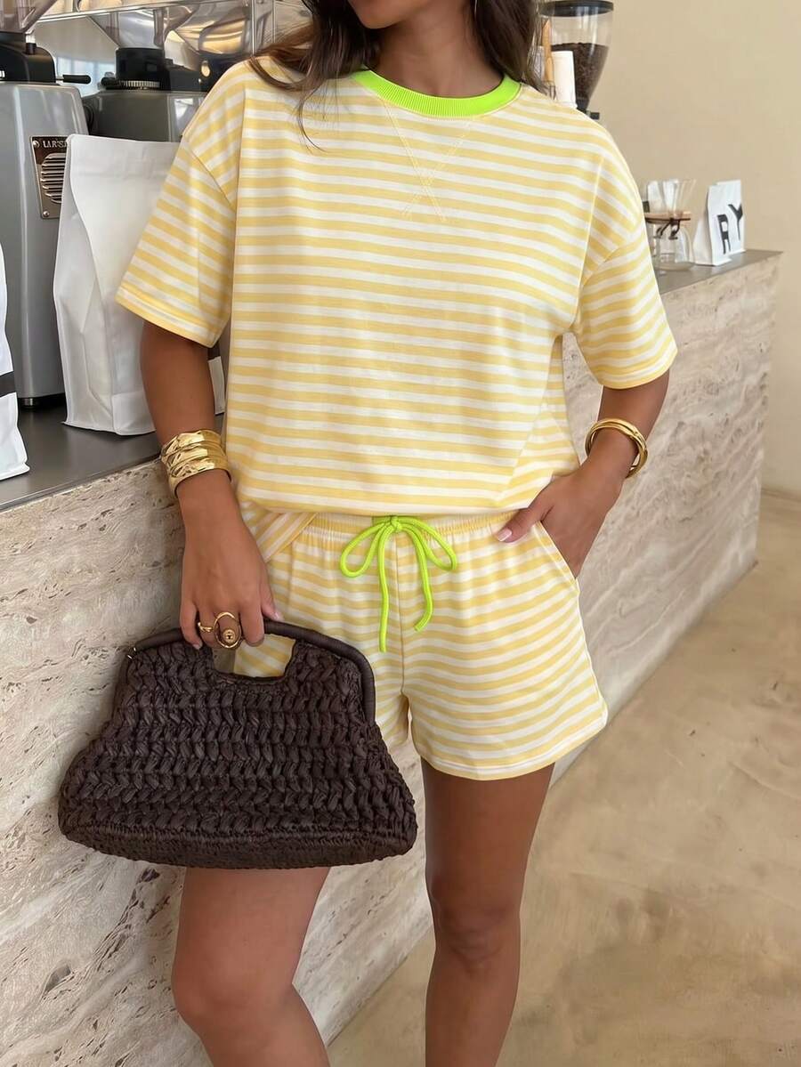 Vellofy Women's Casual Striped Two Pieces Set With Round Neck Short Sleeve Top And Shorts Summer - Yellow - View 1