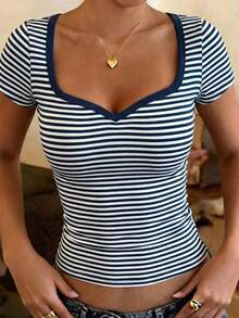 Spring/Summer Striped Short Sleeve T-Shirt, Slim Fit, Minimalist Casual Style, Versatile Basic For Daily Wear And Vacation - Multicolor - View 2