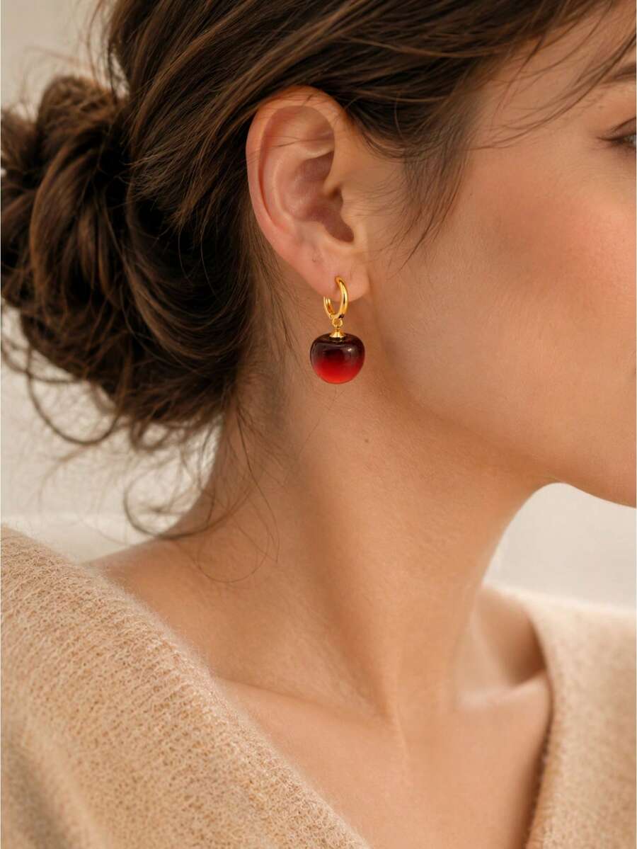 1 Pair Black-Red Gradient Glossy Cherry Shaped French Ear Cuffs - Red - View 1