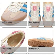 Adidas Originals 男女通用 GAZELLE INDOOR 舒適輕量休閒低筒綁帶滑板鞋，適合日常穿著、旅行與運動 - 岩層沙暴土/脈衝藍/粉白 - 查看 10