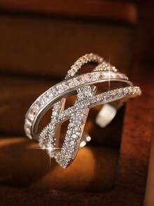 1pc Luxury Multi-Layer Intertwined Round & Baguette Cut Cubic Zirconia Open Ring, Sparkling Women Jewelry For Wedding Anniversary Daily Party Gift - White - View 1