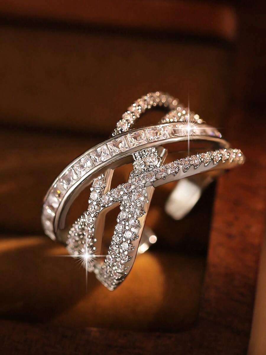 1pc Luxury Multi-Layer Intertwined Round & Baguette Cut Cubic Zirconia Open Ring, Sparkling Women Jewelry For Wedding Anniversary Daily Party Gift - White - View 1
