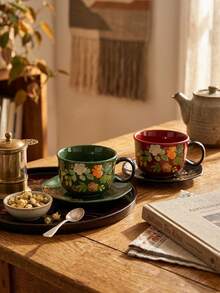 DearDali 2 Stücke (1 Tasse + 1 Untertasse) Hochtemperatur-Keramik Retro Glanz Bunte Glasur Kaffee Tasse und Untertasse Set, breiter Griff Tasse mit Untertasse, Vintage Blumen handgemalt botanischer Muster, Tischgeschirr Frühstückstasse, Schreibtisch Dekoration, künstlerische Atmosphäre Geschenk, geeignet für Einweihungsparty, Geburtstagsgeschenk, Kaffee- und Teeliebhaber, Nachmittagstee-Treffen zu Hause - Verschiedenfarbig - Übersicht 5