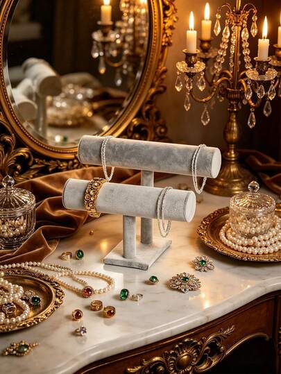 1pc, Multi-Size, Velvet, T-Shaped Bracelet Display Stand, Set, Detachable Multi-Layer Bracket, Suitable For Bracelets, Hair Ties And Watches, Soft Non-Slip Velvet Material.