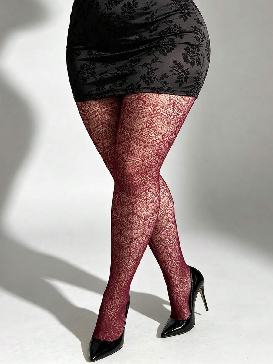1pc Women's Plus Size Shell Jacquard Tight Leggings, Multi-Color Y2K Style Hollow Fishnet Tights, Elastic Comfortable Sexy Fashion Pantyhose, Suitable For Party, Home, Daily Office, Halloween Holiday Versatile Outfit - Multicolor - View 1