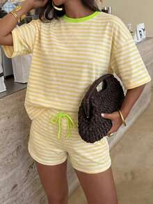 Vellofy Women's Casual Striped Two Pieces Set With Round Neck Short Sleeve Top And Shorts Summer - Yellow - View 10