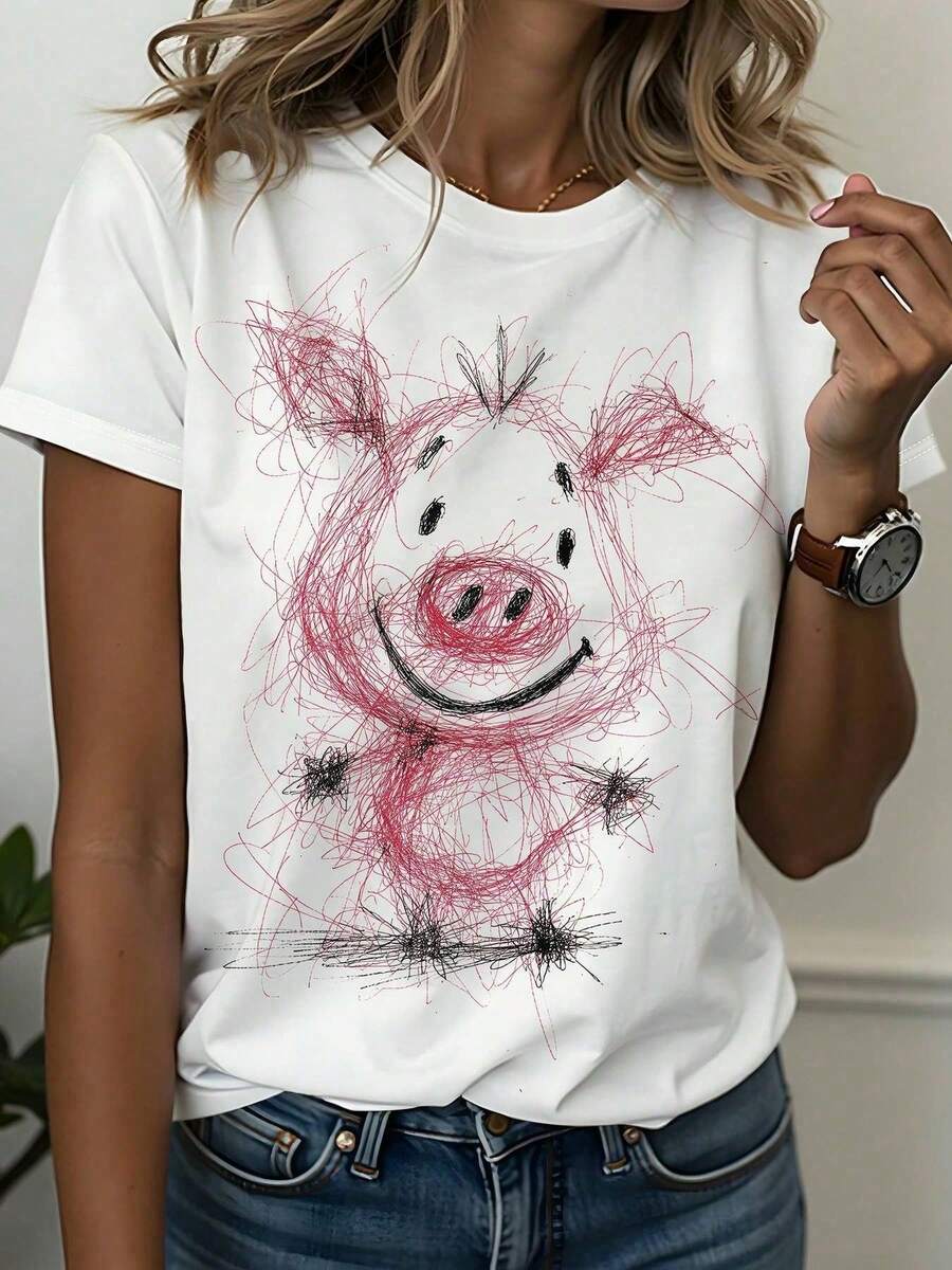 Regular Fit T-Shirt With A Minimalist, Childlike Pig Print. A Versatile Garment For Creating Fresh And Cheerful Looks, Ideal For Everyday Wear In Spring And Summer. - White - View 1