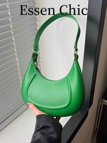 1 pieza Bolso de hombro en forma de media luna de color café con piel de PU, bolso debajo del brazo de mujer de unicolor simple de moda, para otoño/invierno - Verde - Ver 3