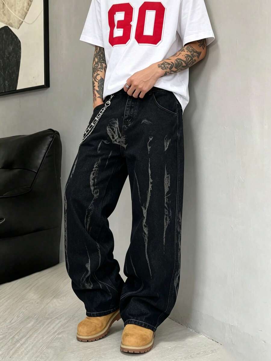 男士街頭風墨水印花設計牛仔褲,適合聚會、派對與返校季 - 黑色 - 查看 1