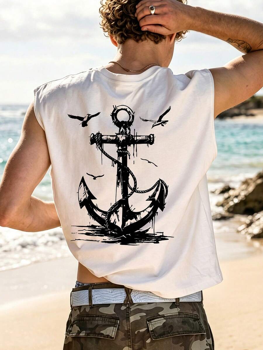 1 chiếc áo tank top nam mùa hè in hình chim mòng biển và mỏ neo, kiểu dáng thường ngày, không tay. - trắng - Xem 1