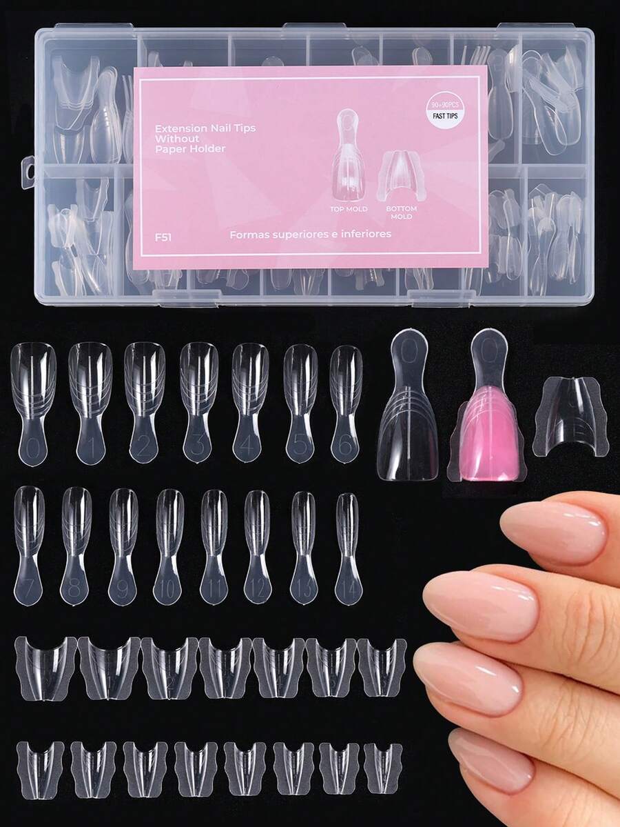 180pcs Short Oval Nail Art Sandwich Nail Extension Mold, 90pcs Top Mold + 90pcs Bottom Mold Sandwich Layer Design, Reusable Quick Building Prolong Nail Extension Mold For Extension Nail Gel - Clear - View 1