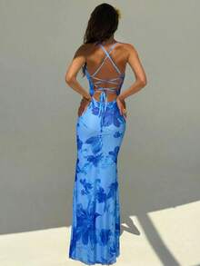 Elegant Women's Dress With Floral Print And Open Back, Summer Clothes, Beach Outfits For Women, Beach Vacation Clothes, Party Outfits, Bridesmaids - 藍色 - 查看 4