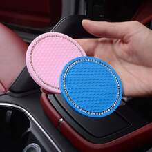 2pcs Car Accessories Silicone Rhinestone Round Fashion Cup Coasters, Car Cup Holder Insert Silicone Non-Slip Beverage Cup Coasters, Universal Vehicle Interior Accessories, Bling Crystal Rhinestone Car Silicone Interior Accessories - 2pc Multi-color Silver Chain Coasters - View 5