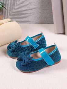 Princess Kids Mary Jane Flats Round Toe Flats Strap Flats Kids Dress Shoes Full Glitter Fabric Matching Bow Patent Band Slip On For School Daily Party - Blue - View 4