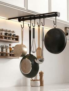 1pc Sliding Pot Rack (With Hooks) - No-Drill Hanging Storage Organizer For Pots, Pans, And Kitchen Utensils; Wall Mounted & Under Cabinet Utensil Holder With 6 Hooks, Bathroom & Home Organization, Utility Hooks - Multicolor - View 12