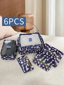 Set de 6 cubos de embalaje con estampado floral resistente al agua, organizador de ropa para viajes, cubos de organización con cremallera portátiles para maletas, dormitorios, universidad, d - Negro - Ver 3