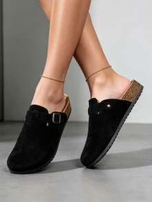 Women's Suede Adjustable Metal Buckle Sandals, Women's Flat Shoes [Runs Small One Size], Black Sandals, Women's Clogs, Mule Shoes, Loafers, Clogs, Flat Shoes, Women's Sandals, Apartment Slippers, - Black - View 7