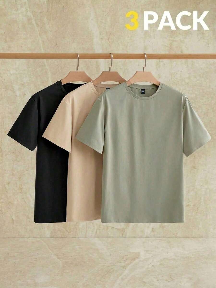 Manfinity VCAY 3-Pack Men's Casual Short Sleeve Crew Neck Solid Color Slim Fit T-Shirts - Negro 2 - View 1