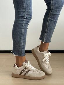 Women's Casual Sports Shoes Color Block Patchwork Preppy College PU Leather Buckle Strap Casual Fashion Spring Summer - Khaki - View 8