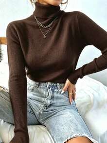 Women's Knitted Turtleneck Sweater, Basic Wool, Fashion, Super Eenvio!!! - 棕色的 - 查看 1