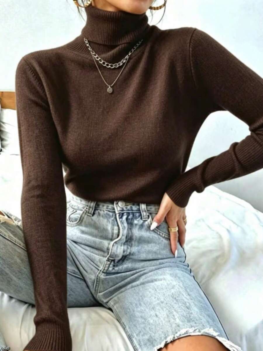 Women's Knitted Turtleneck Sweater, Basic Wool, Fashion, Super Eenvio!!! - 棕色的 - 查看 1