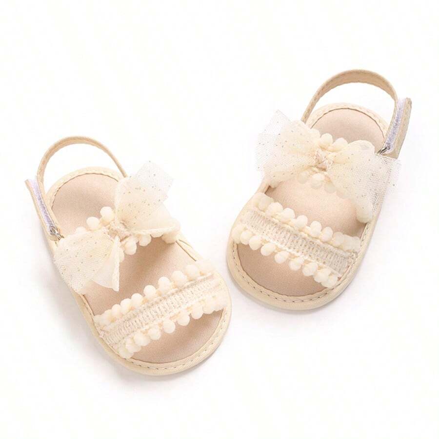 Summer Bow & Pom Pom Soft Sole Sandals For Baby Girls, Pre-Walker Shoes - Apricot - View 1