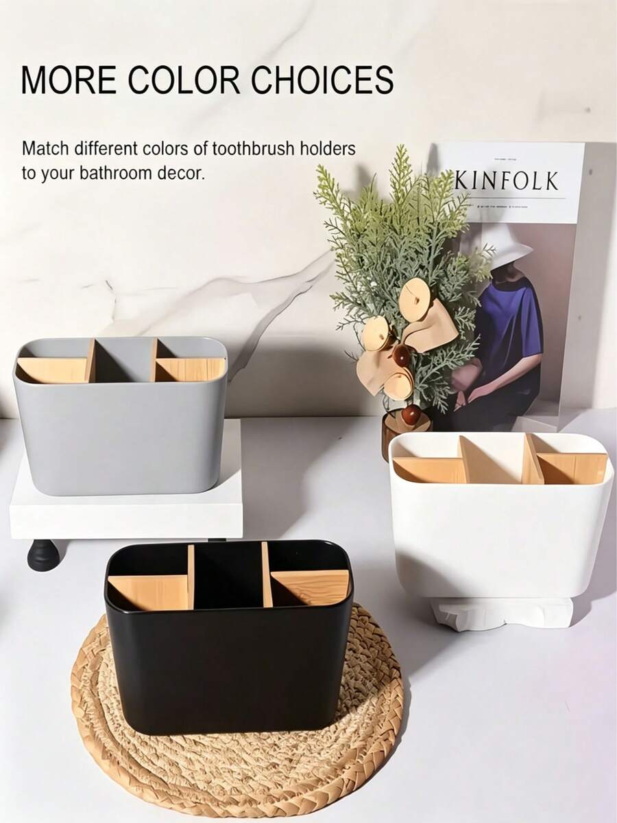 1pc Bamboo Partition Toothbrush Holder, Durable Countertop Storage Box, Suitable For Storing Cosmetics, Office Supplies And Stationery - Multicolor - View 1