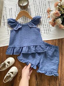 Conjunto de verano de efecto denim para bebé, con mangas acampanadas y diseño de volantes en el bajo, transpirable y versátil - azul real - Ver 2