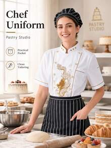 Premium White Chef Uniform With Dragon Embroidery, Short Sleeve Stand Collar, Professional Hotel Kitchen Workwear Fall - White - View 4