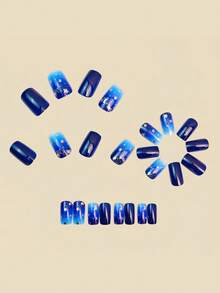 24 piezas de uñas postizas cuadradas de longitud media, estilo elegante de alta gama, azul estrella, versátiles, estilo europeo & americano, fáciles de aplicar, duraderas, inofensivas para las uñas naturales, reutilizables - Multicolor - Ver 2