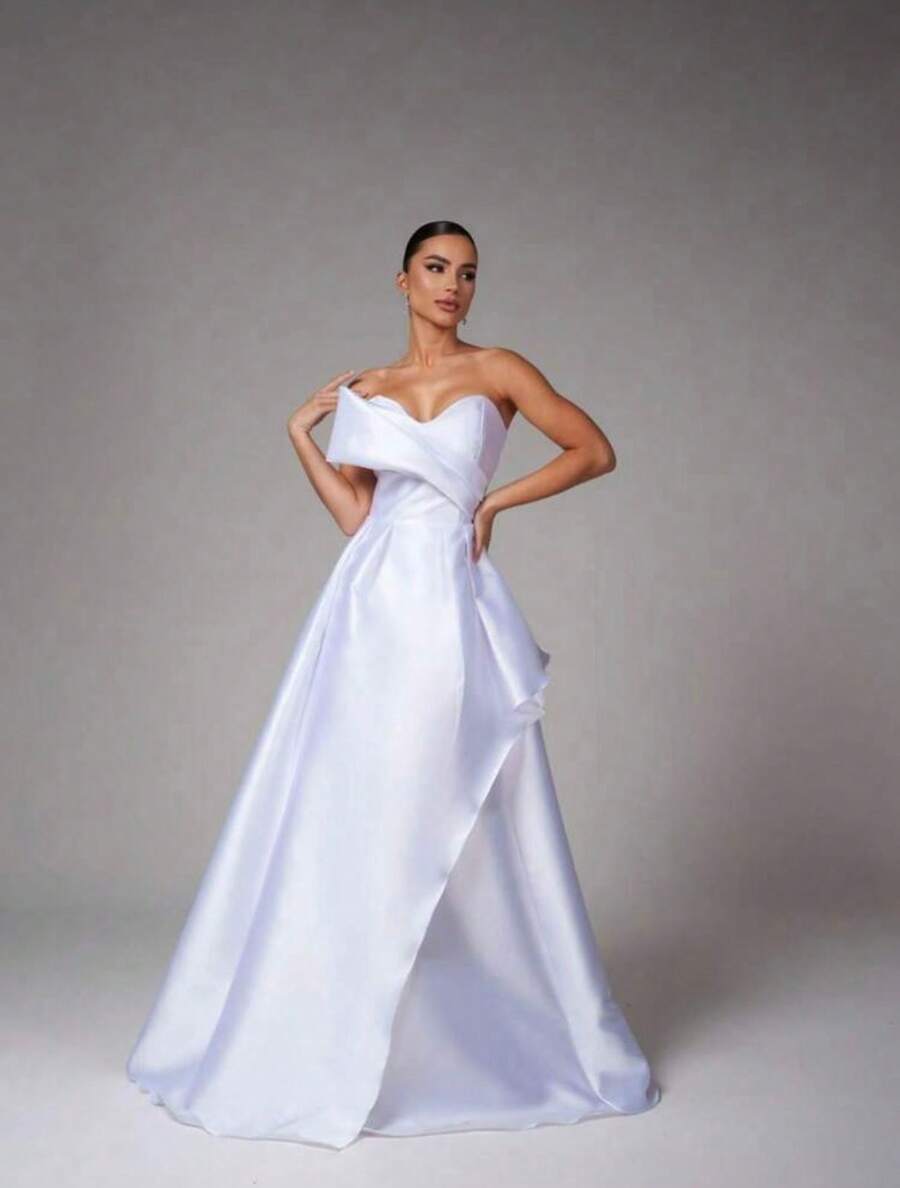 Elegant, Conservative Strapless Princess Dress For Weddings Or Graduation Parties. - White - View 1