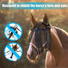 Máscara de protección completa para moscas de caballo con borlas ajustables, máscara facial transpirable de protección contra moscas para rancho y equitación, máscara de insectos para caballos - Multicolor - Ver 2