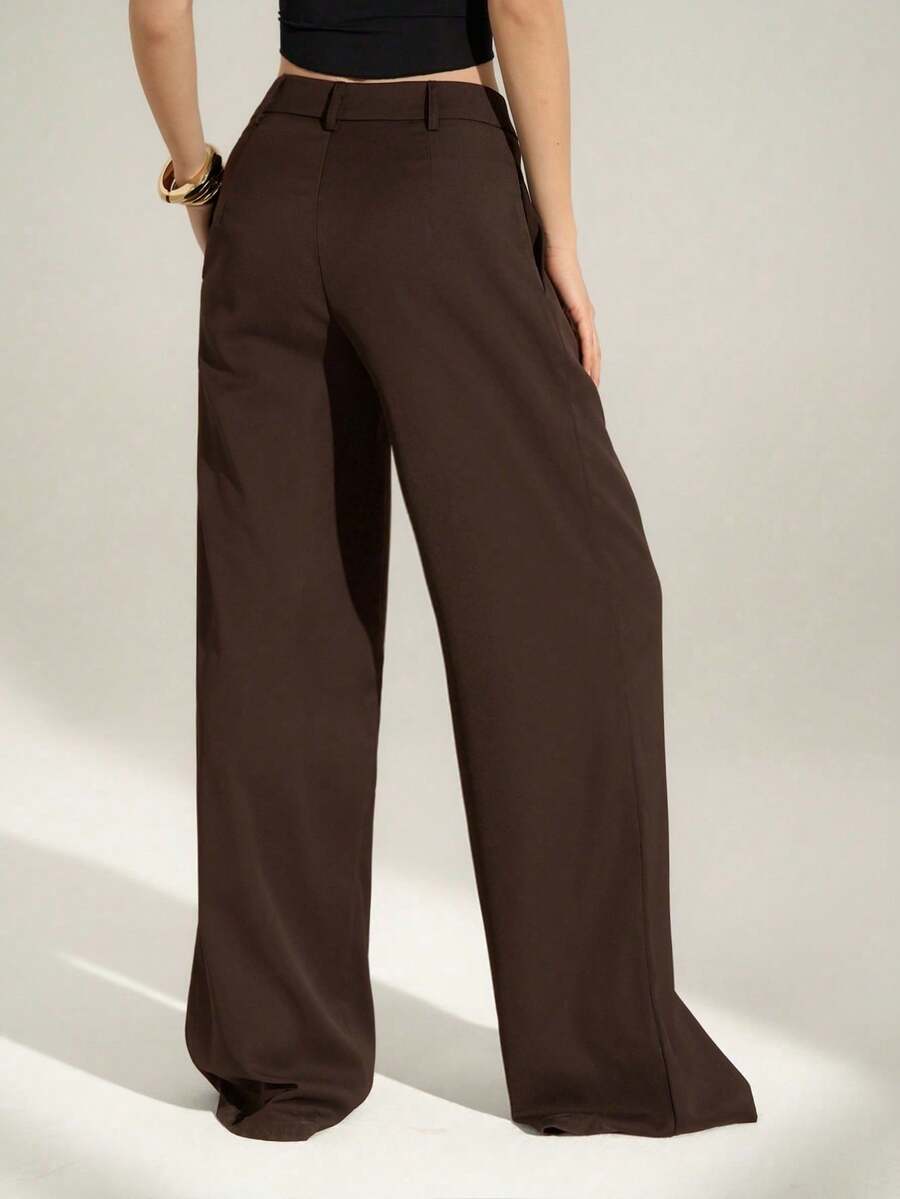 Sexy And Casual Business-Style High-Waisted Wide-Leg Pleated Trousers - Elegant Solid-Color Loose-Fitting Trousers, Professional Office Wear, Work Trousers With Co - 棕色 - 查看 1