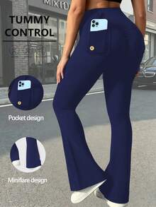 Women's Outdoor Pocketed Bootcut Leggings: Slim-Fit Athletic Yoga Pants & Versatile Solid-Color Slim Cargo Pants (Featuring Butt-Lifting Design) - 藍色 - 查看 1