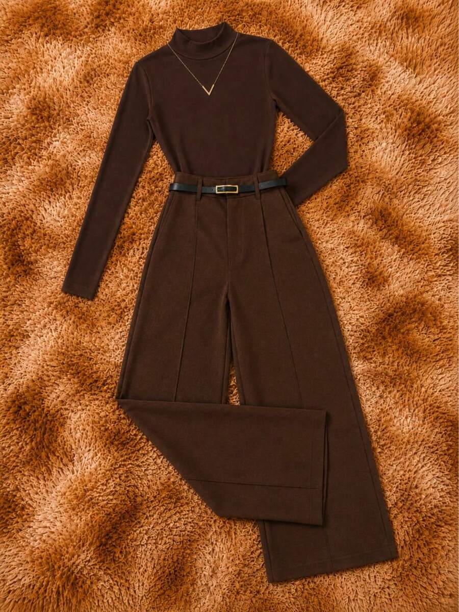 Elegant Women's Winter 2-Piece Set With High-Neck Long-Sleeve Bodysuit And Tailored Trousers + Belt - Winter Fashion - 棕色褲子 - 查看 1