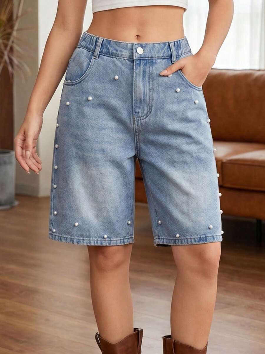 1 buah Celana Capri Denim Biru Muda Berhiaskan Rivet Gaya Jalanan untuk Remaja Putri, Musim Semi/Panas - Light Wash - View 1
