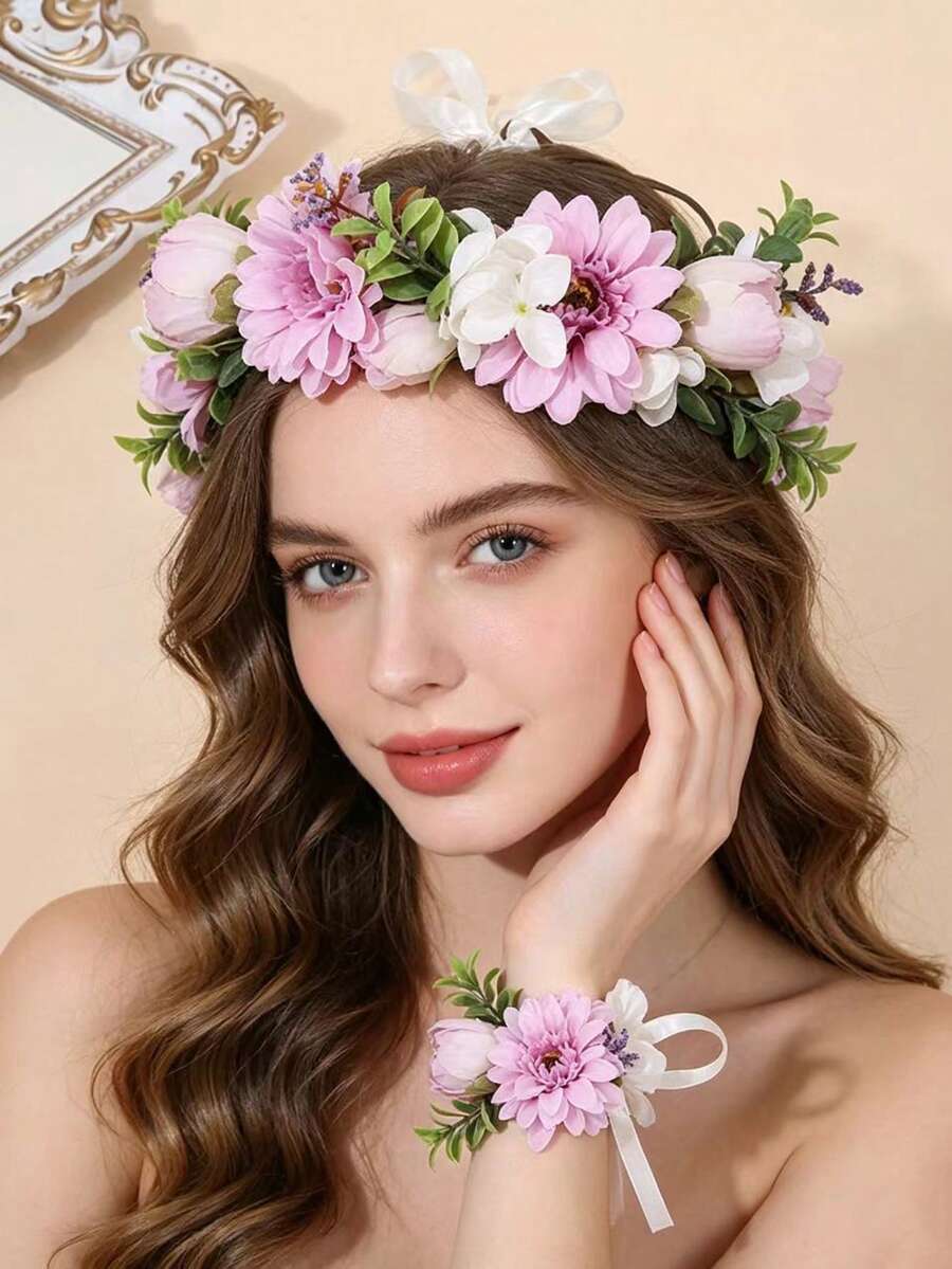 1套 1件花環 + 1件手鍊,森系人造花與綠植,新娘婚禮季節波希米亞風美學花環手鍊套組 - 花環+1個手環 - 查看 1