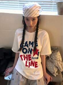 Women's Round Neck Short Sleeve T-Shirt, Summer New Fashion Star Pattern And Letter Print, Casual Versatile Loose Fit Top, White - White - View 9