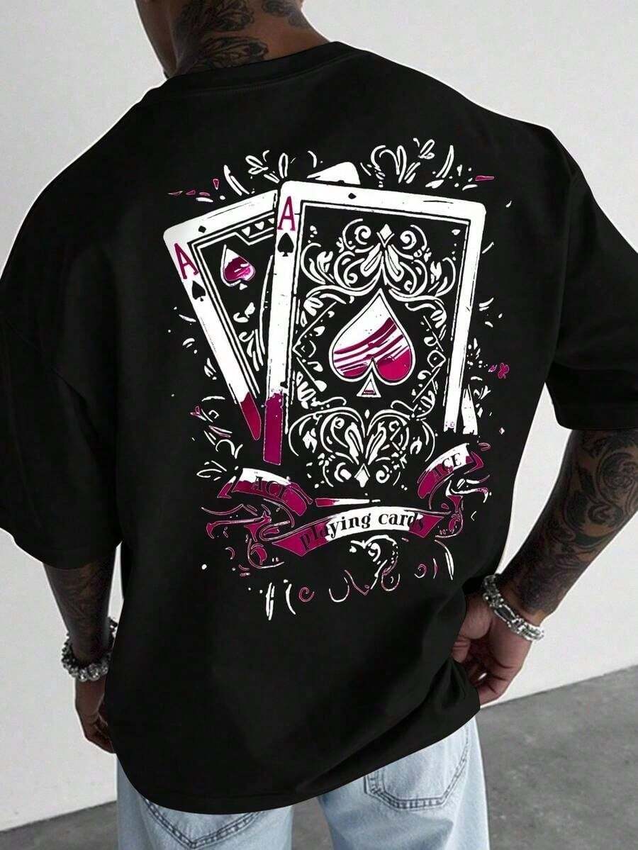 Manfinity Roughcore Camiseta de manga corta de cuello redondo casual con estampado de ojos y palmas para hombres - Burdeos - Ver 1