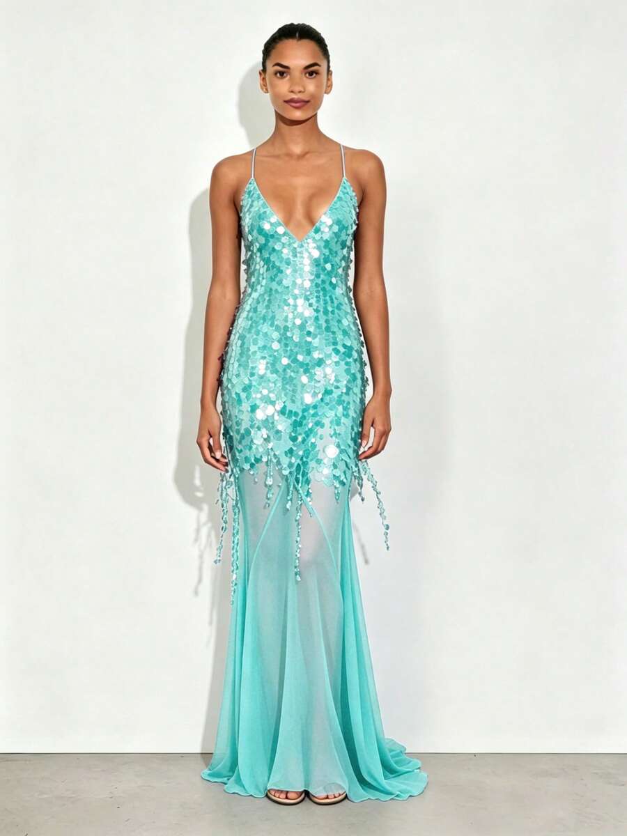 Vestido de Noite Feminino Estilo Europeu e Americano, Decote em V, Sexy, Sem Alças, Costas Nuas, Ajustado, com Lantejoulas, Cauda de Sereia, Saia Longa, Respirável e Confortável