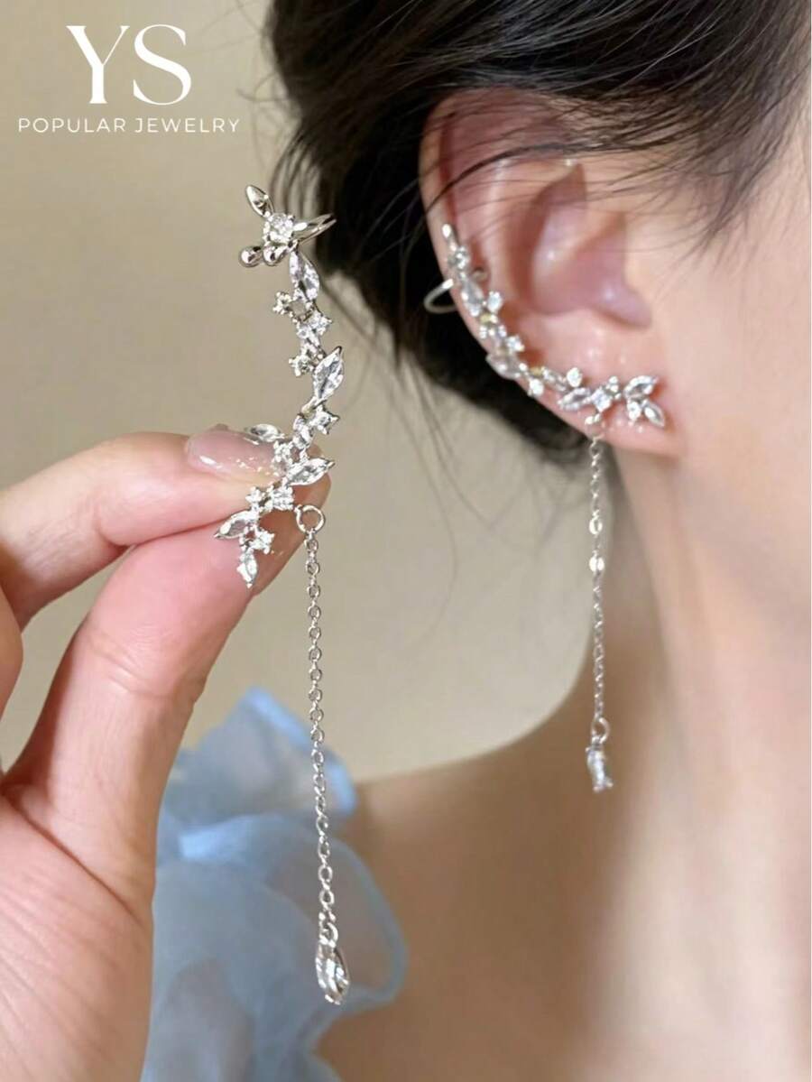 1 Pair Personalized Cool Style Angel Wings Ear Cuff & Ear Stud 2-In-1 Design Full Rhinestone Inlaid Electroplated Silver Color Women's Wedding & Daily Wear