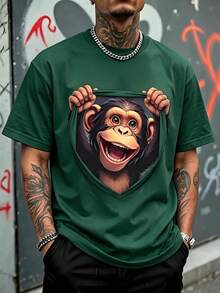 Men's Loose Fit T-Shirt, 3D Optical Illusion Illustration Of A Happy Smiling Chimpanzee Holding The Edges, Short Sleeve T-Shirt, Casual Youth Streetwear Style. - 綠色 - 查看 5