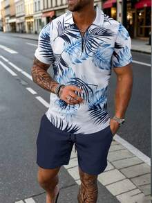 男士 2 件套，3D 定位葉片印花短袖 Polo 衫 + 短褲，夏季休閒街頭海灘穿搭 - 藏蓝色 - 查看 1