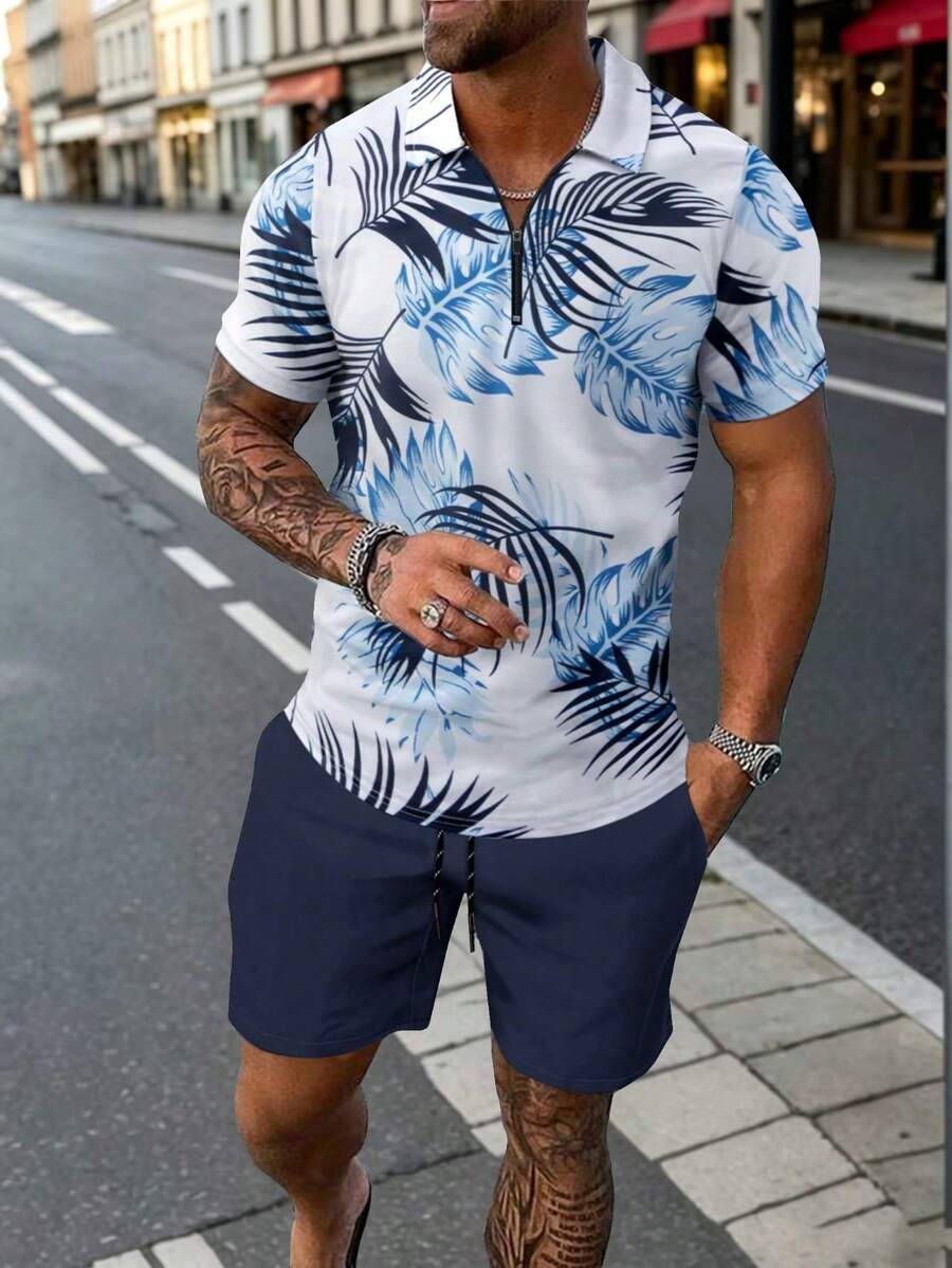 男士 2 件套，3D 定位葉片印花短袖 Polo 衫 + 短褲，夏季休閒街頭海灘穿搭 - 藏蓝色 - 查看 1