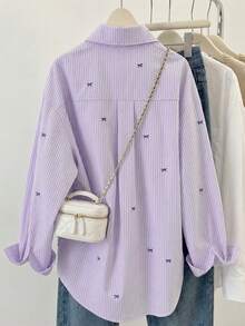 Women's Striped Colorblock Patchwork Collar Front Button Shirt, Casual - Mauve Purple - View 2