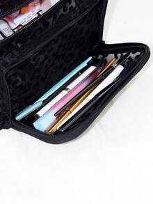 Black Minimalist Fashion Mesh Leopard Print Large Capacity Multi-Function Single Layer Square Cosmetic Bag, Single Handle Multi-Pocket Convenient Design, Foldable Storage Bag, Partitioned Storage - Black - View 5