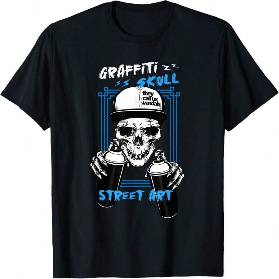 Graffiti Skull Street Art Urban Graffitis Spray Paint Gift T-Shirt - Black - View 1