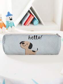 1pc Dog Print Corduroy Zipper Pencil Case, Large Capacity Stationery Organizer, Multi-Use Storage Bag For School, Office & Personal Small Items - C-yBD - View 2