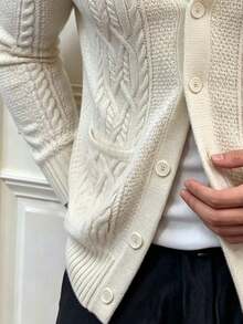 Men's Casual Knit Cardigan, Thick Cable Knit Shawl Collar Sweater, Warm Double Pocket Knitted Jacket For Autumn/Winter - Apricot - View 5