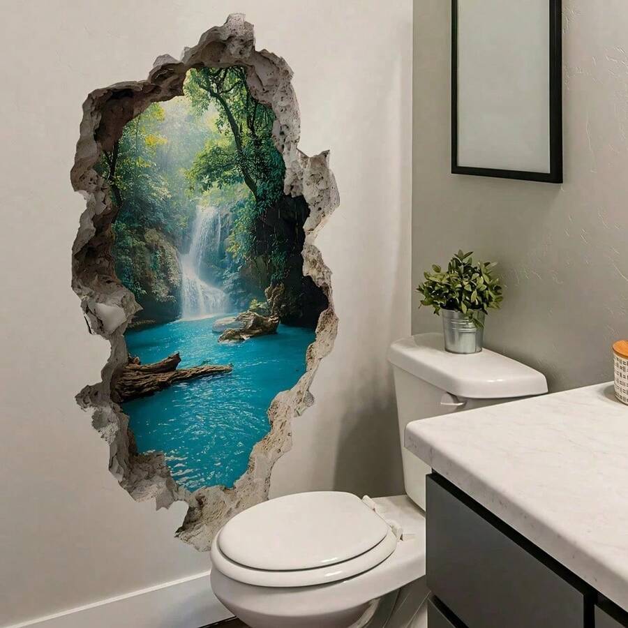 1/2/3pcs Tropical Jungle Lake Landscape Wall Stickers, Reusable, Autumn Country Style, Bathroom Storage Organizer Rack, Vintage Bathroom Natural Home Decor - Multicolor - View 1